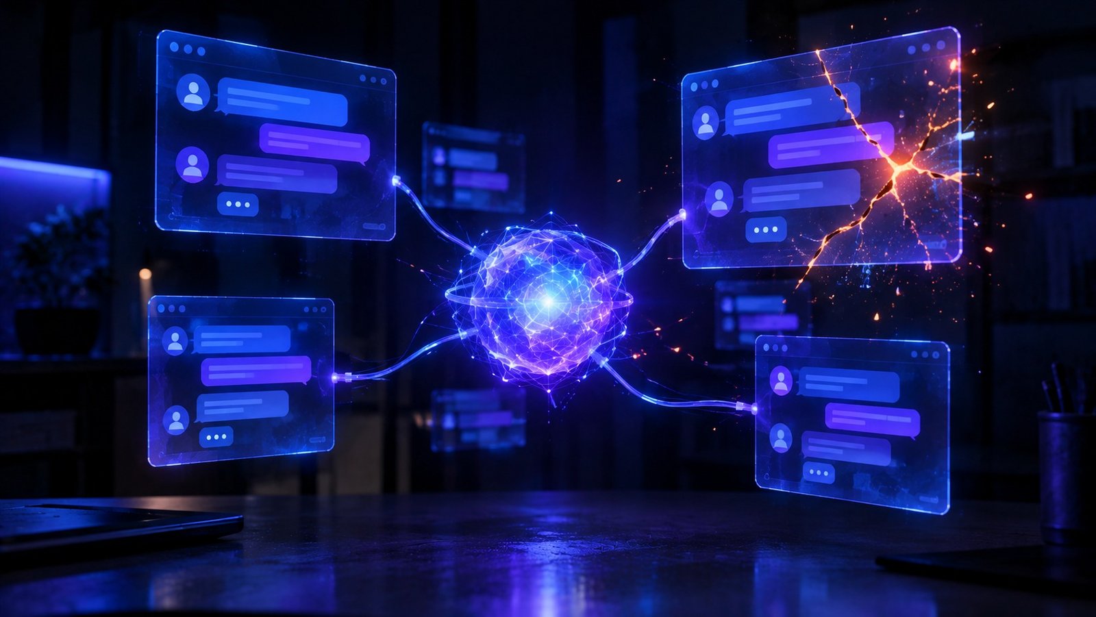 Interface de messagerie générique connectée à un noyau d'agent IA, avec une fissure lumineuse suggérant une faille de sécurité