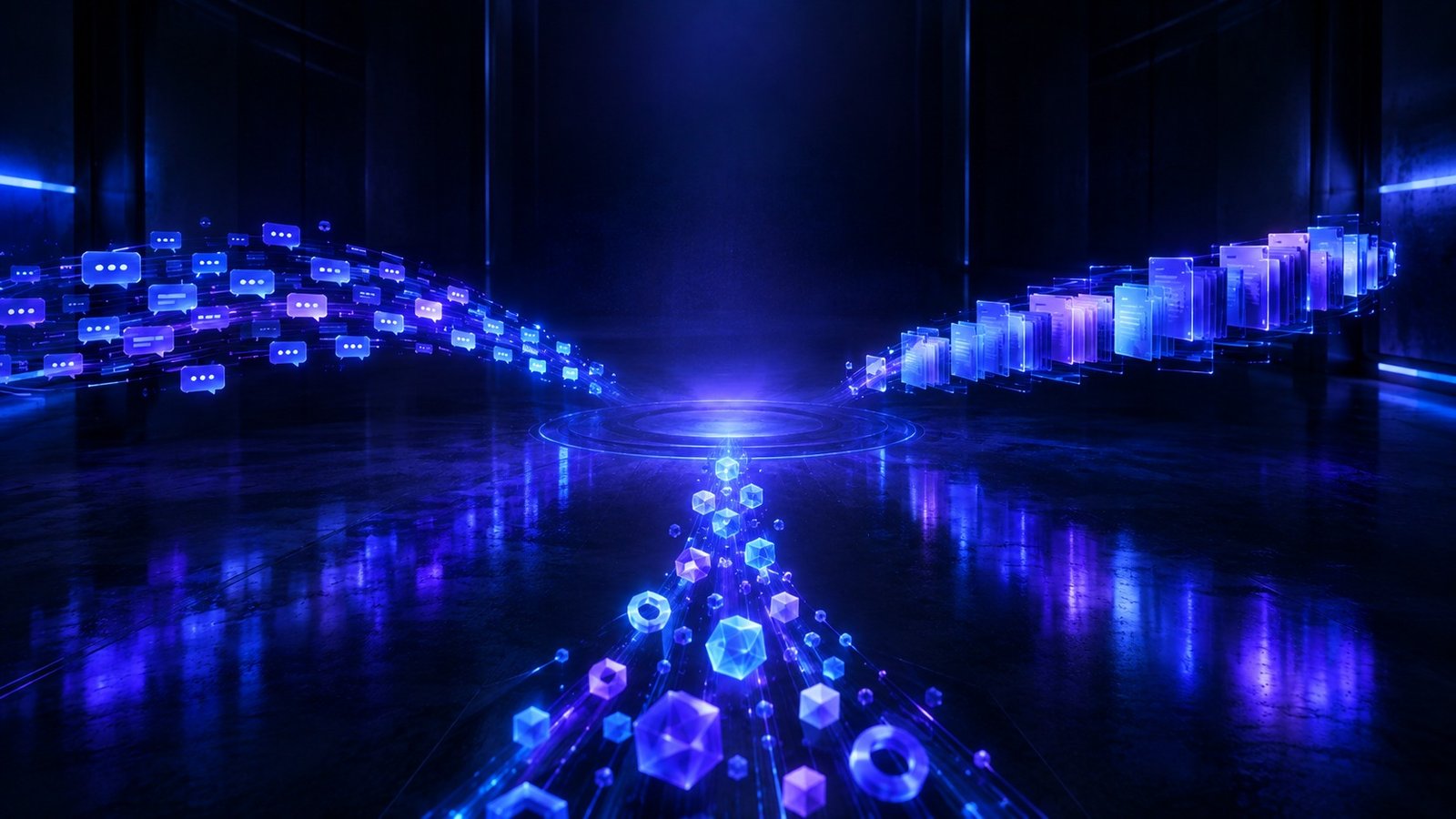 Trois flux lumineux distincts convergeant vers un même noyau central, représentant trois architectures d'agent IA
