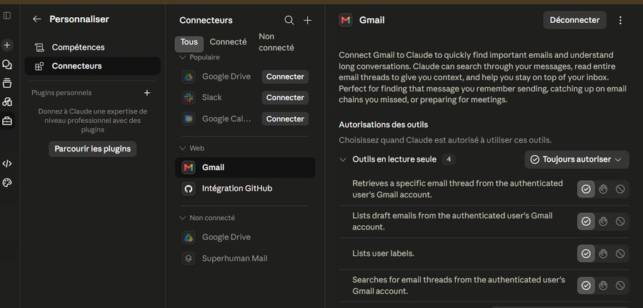 Page des connecteurs Claude montrant Gmail, Slack, Google Calendar et Google Drive