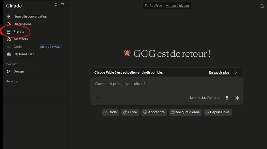 Interface Claude avec le bouton Projets dans la colonne de gauche
