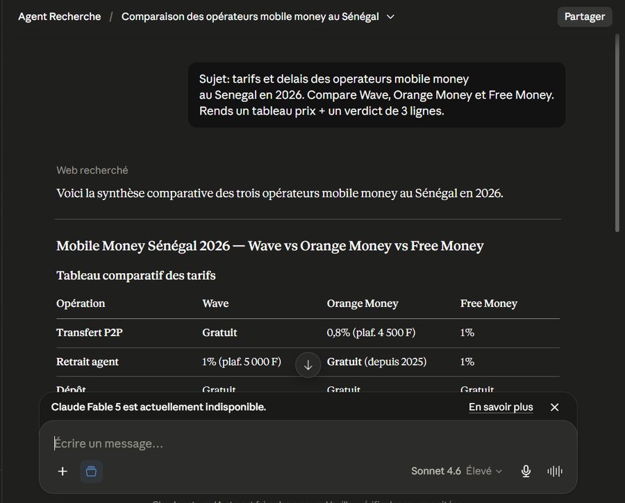 R&eacute;sultat de l'agent de recherche Claude comparant Wave, Orange Money et Free Money au S&eacute;n&eacute;gal