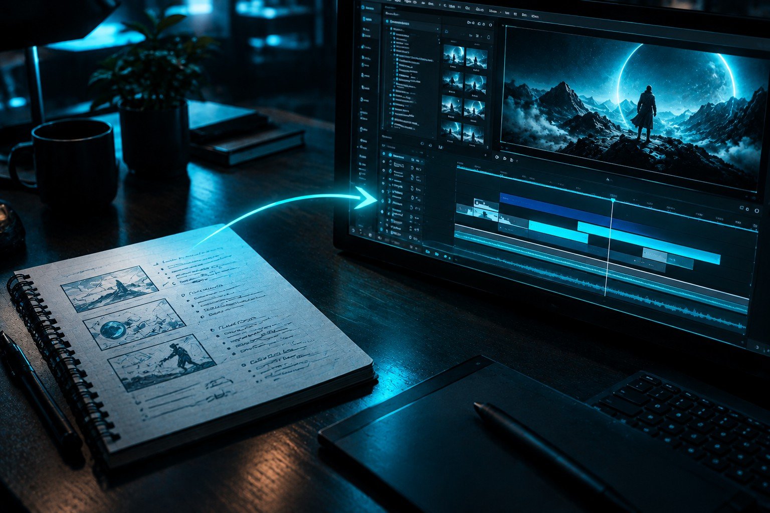 Un projet de motion design passe d’un brief textuel à une composition animée montée sur une timeline