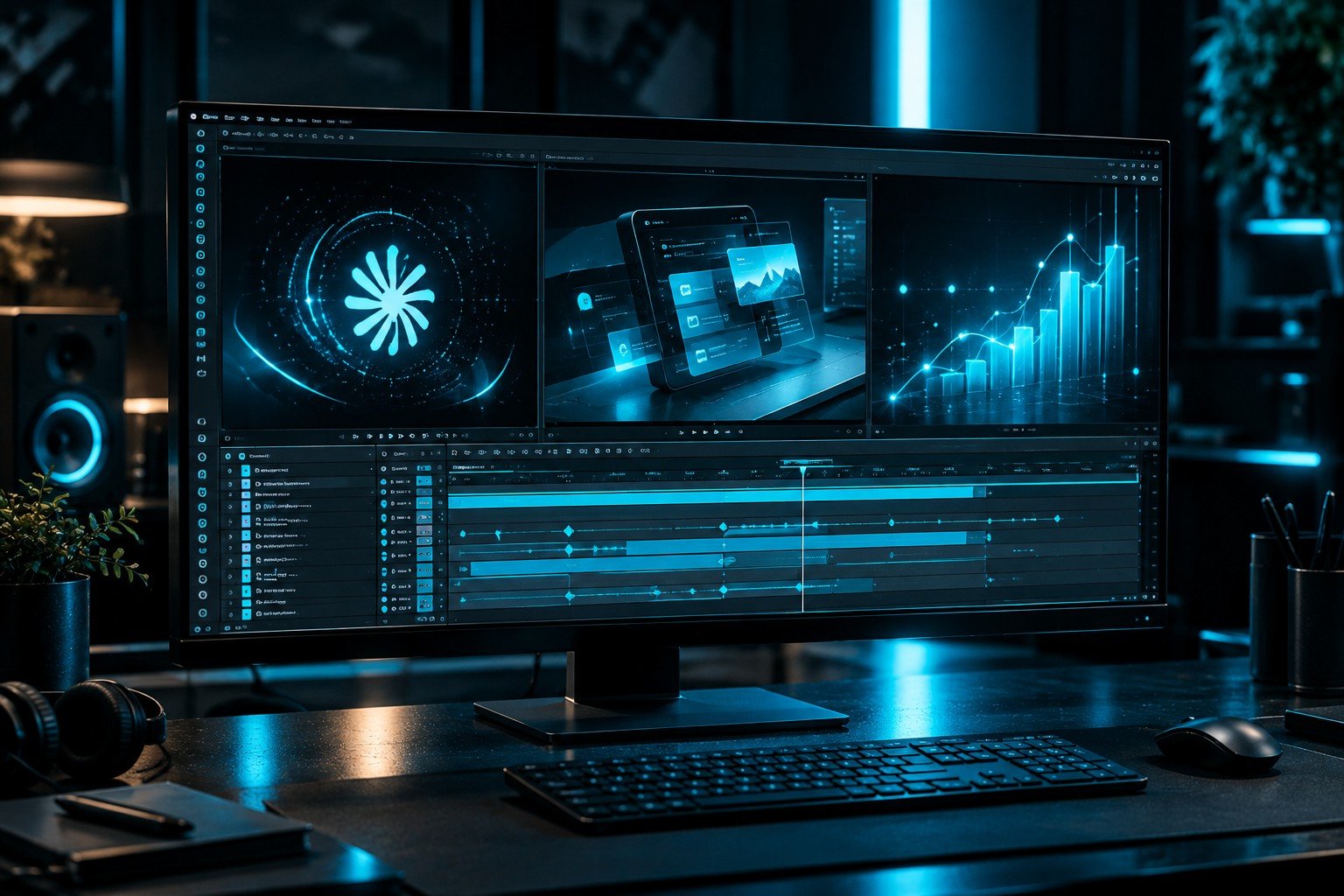 Plusieurs compositions de motion design présentent un logo, une interface de produit et un graphique animé