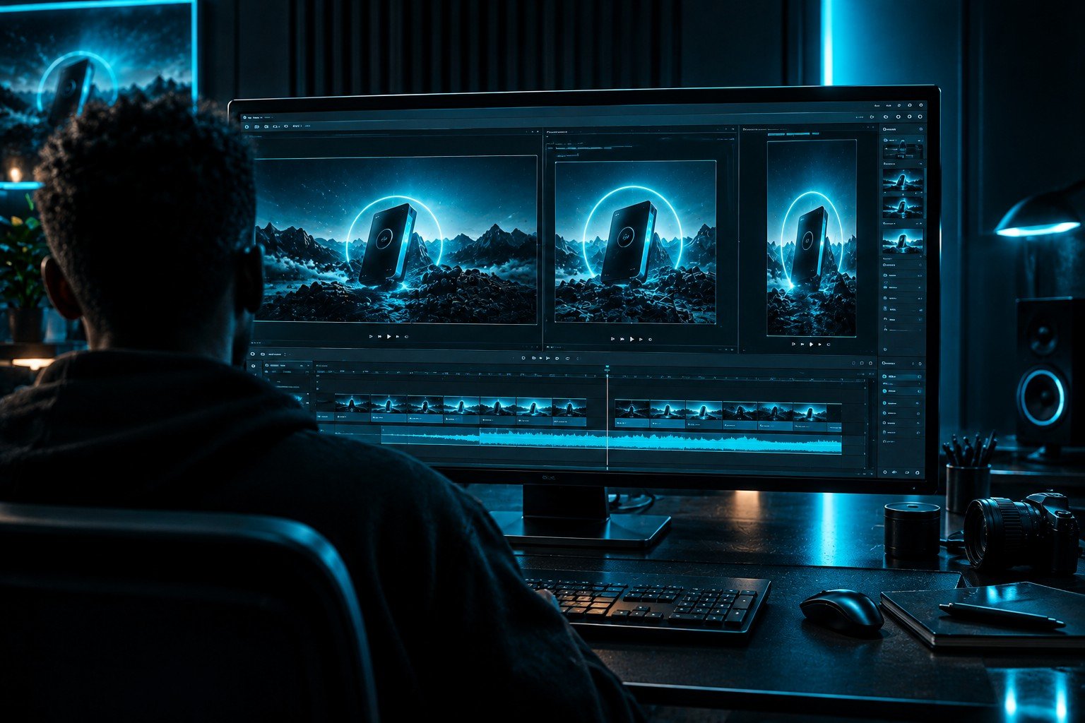 Un créateur examine différentes déclinaisons horizontale et verticale d’une vidéo de lancement sur un écran de prévisualisation