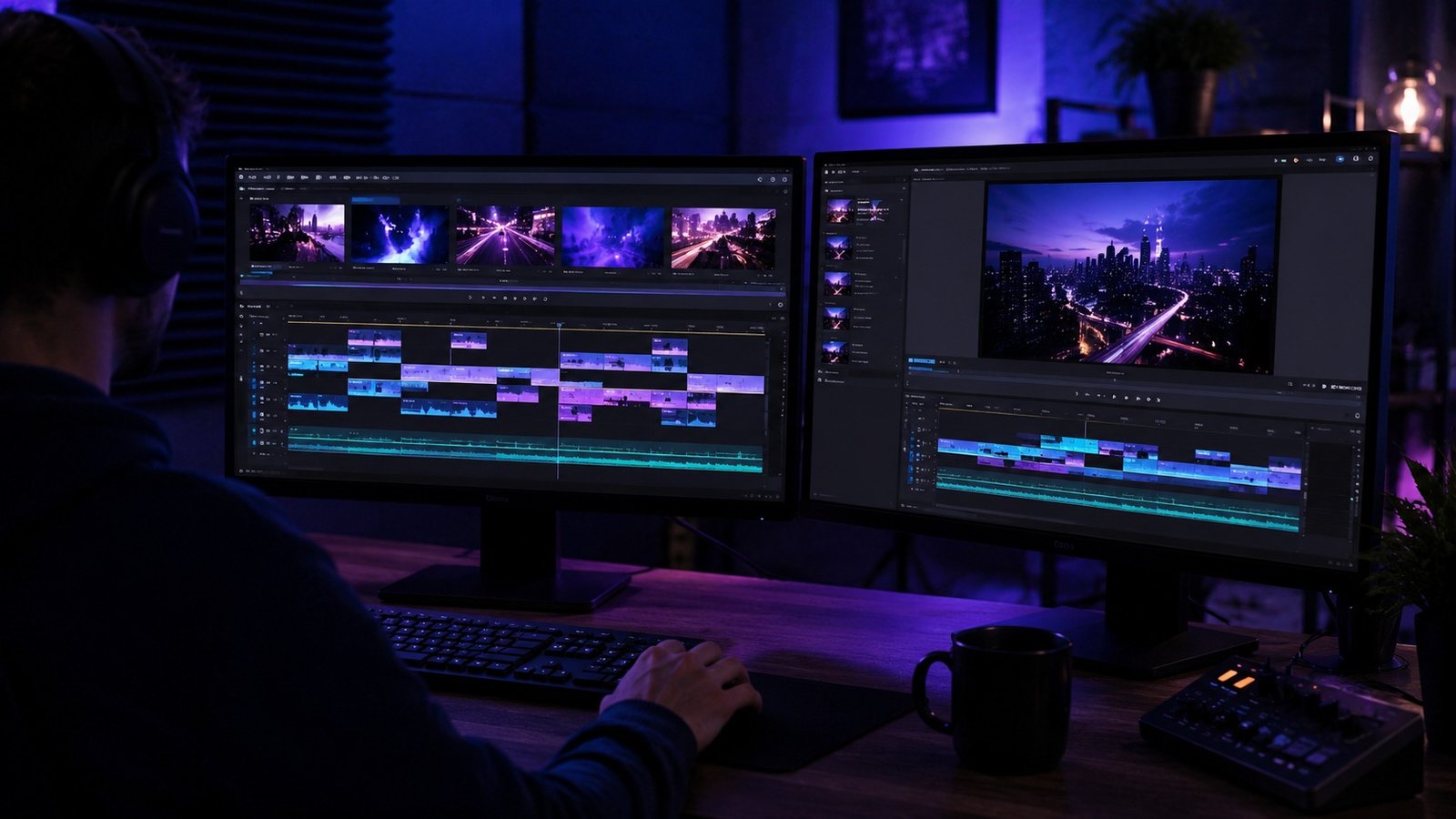 Montage vidéo assisté par IA sur double écran